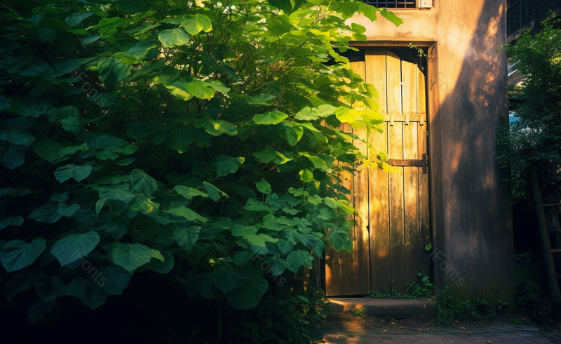 自然美景绿色的树叶木制门简约摄影图,高清,摄影图,摄影图片,图片大全,摄影图免费下载